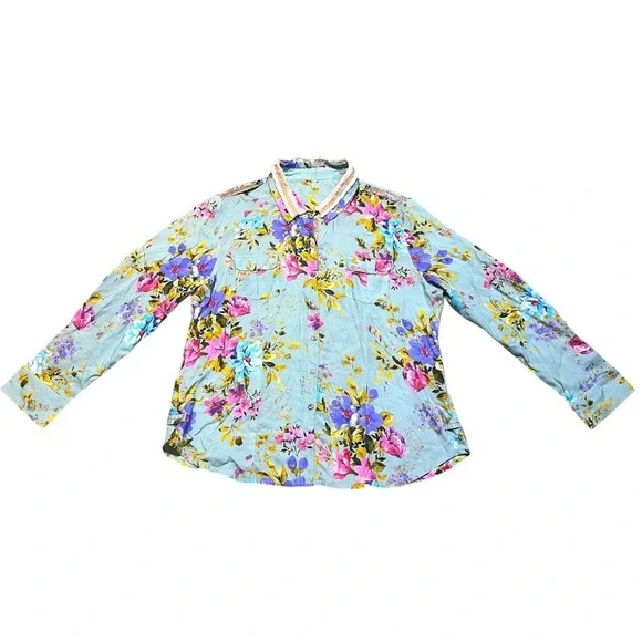 Aratta Silent Journey Floral Button Down Sage Green Tunic Fringe Boho Top Large - Picture 4 of 10